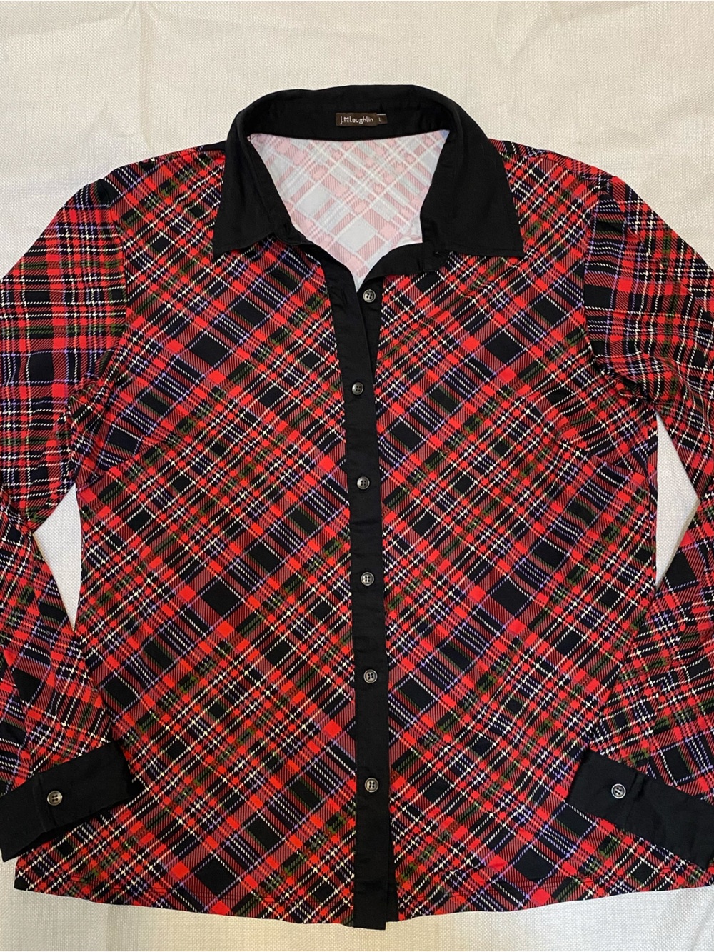 J McLaughlin Catalina Cloth Red Black Plaid Top L Travel Lightweight Button Up